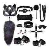 Bondage Leather and Faux Fur 10-Piece & 11-Piece Set for Adults - Alternative BDSM Play Handcuffs Restraints